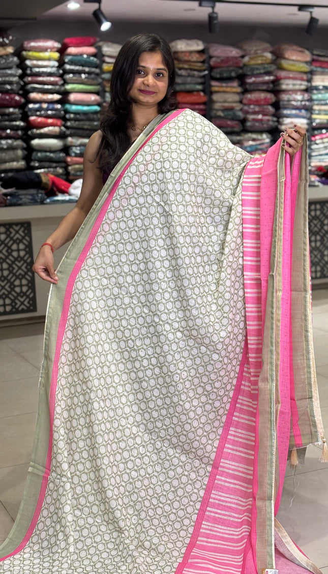 White Tricolor Cotton Linen Saree with Contrast Pink Pallu|CS9_1