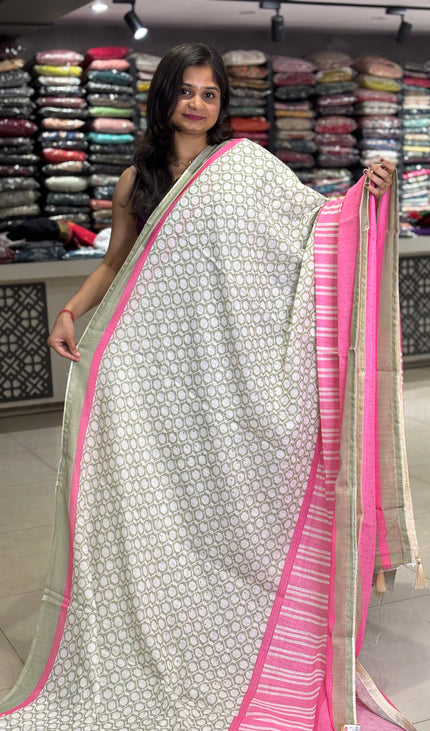 White Tricolor Cotton Linen Saree with Contrast Pink Pallu|CS9_1