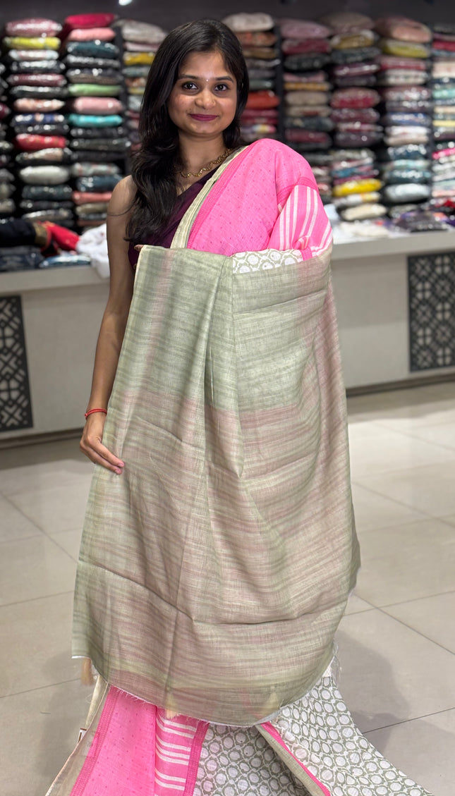 White Tricolor Cotton Linen Saree with Contrast Pink Pallu|CS9_1