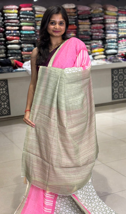 White Tricolor Cotton Linen Saree with Contrast Pink Pallu|CS9_1