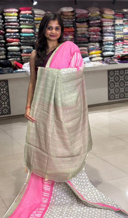 White Tricolor Cotton Linen Saree with Contrast Pink Pallu|CS9_1