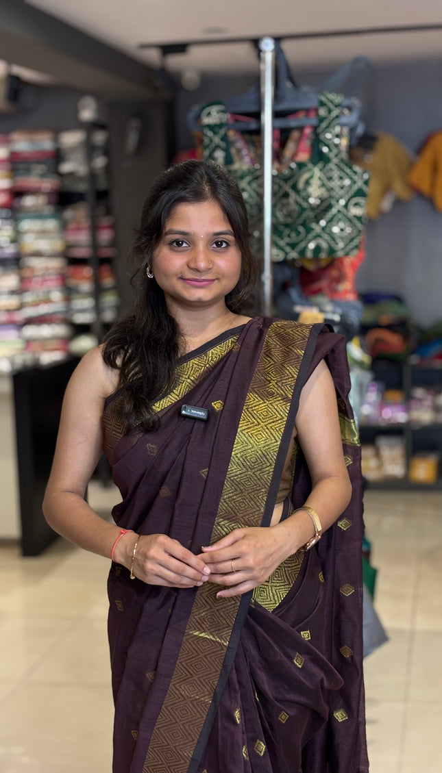 Maheshwari Cotton Saree – Wine  with Zari Buti & Contrast Gold Border|CS10_5