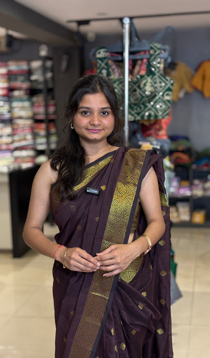 Maheshwari Cotton Saree – Wine  with Zari Buti & Contrast Gold Border|CS10_5