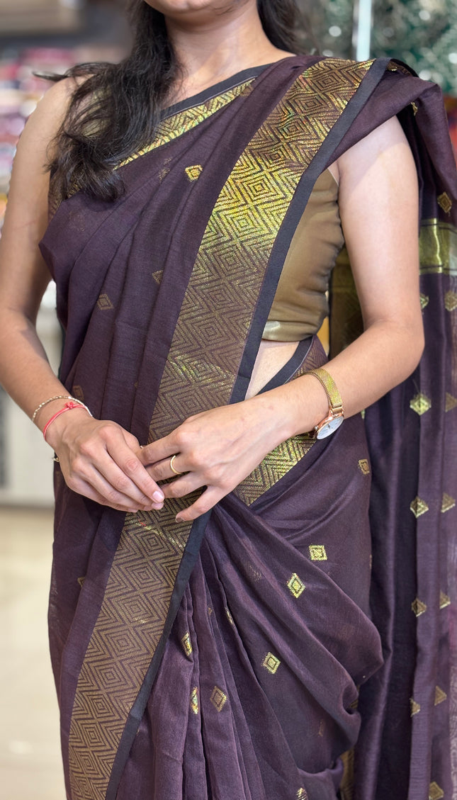 Maheshwari Cotton Saree – Wine  with Zari Buti & Contrast Gold Border|CS10_5