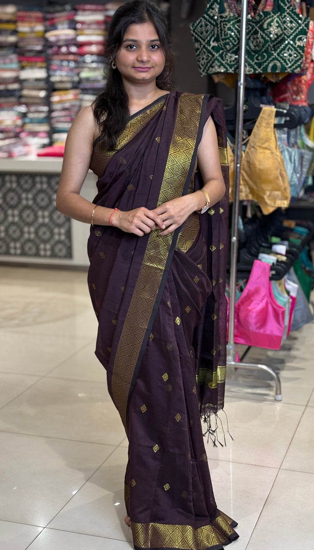Maheshwari Cotton Saree – Wine  with Zari Buti & Contrast Gold Border|CS10_5