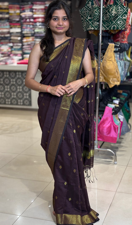 Maheshwari Cotton Saree – Wine  with Zari Buti & Contrast Gold Border|CS10_5