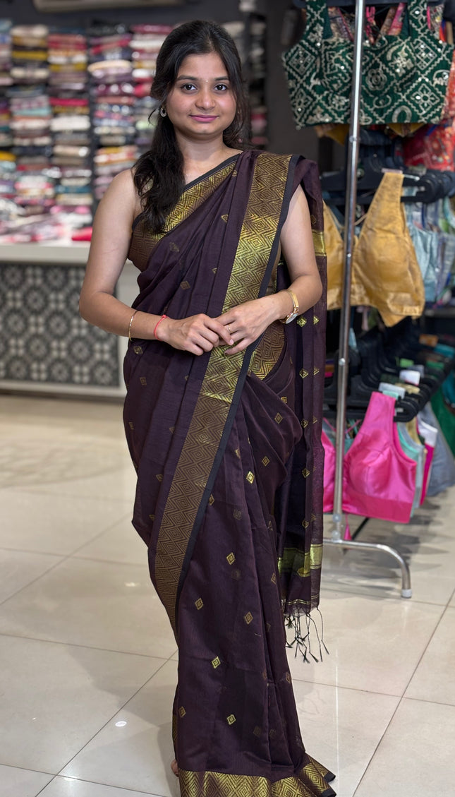 Maheshwari Cotton Saree – Wine  with Zari Buti & Contrast Gold Border|CS10_5