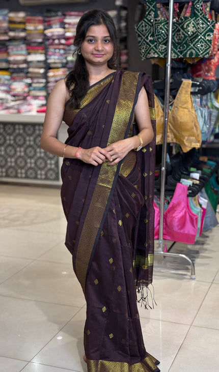Maheshwari Cotton Saree – Wine  with Zari Buti & Contrast Gold Border|CS10_5