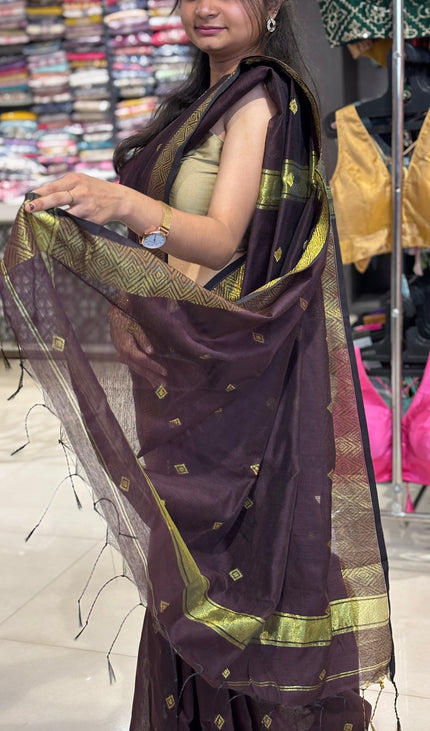 Maheshwari Cotton Saree – Wine  with Zari Buti & Contrast Gold Border|CS10_5