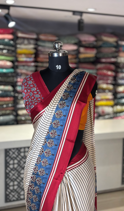 Cream and Blue Semi Dola Silk saree|s31_3