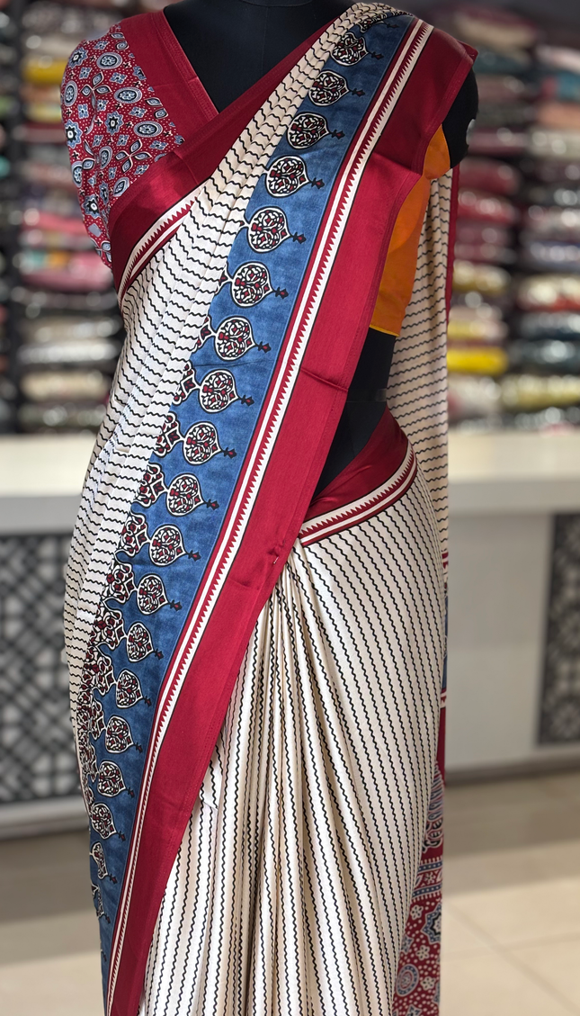 Cream and Blue Semi Dola Silk saree|s31_3