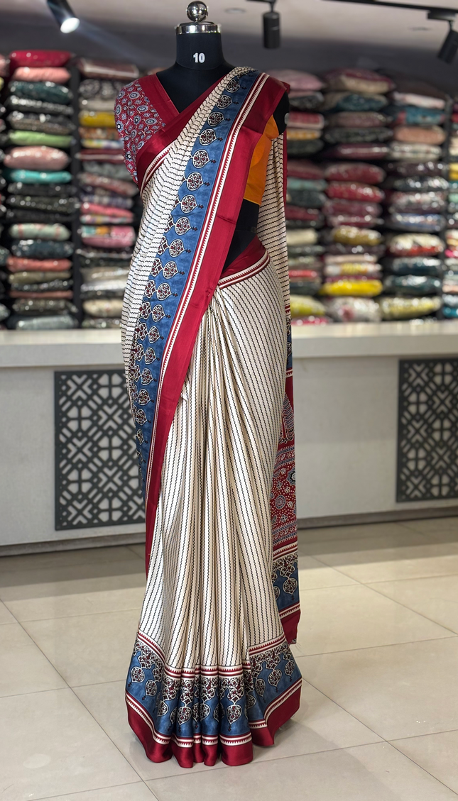 Cream and Blue Semi Dola Silk saree|s31_3