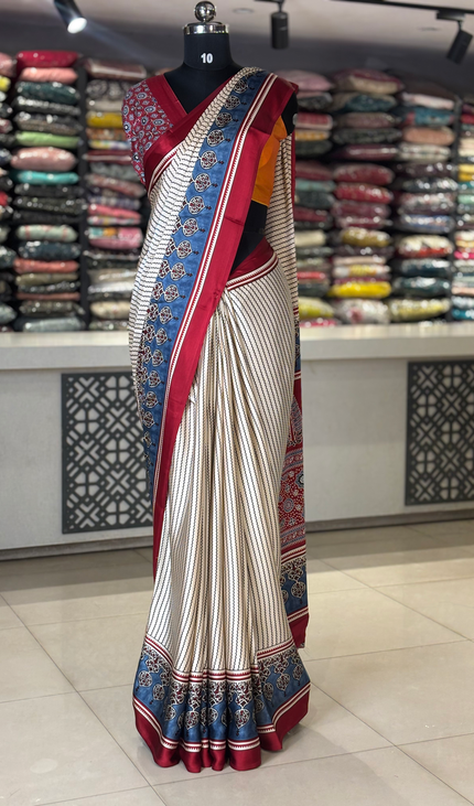 Cream and Blue Semi Dola Silk saree|s31_3