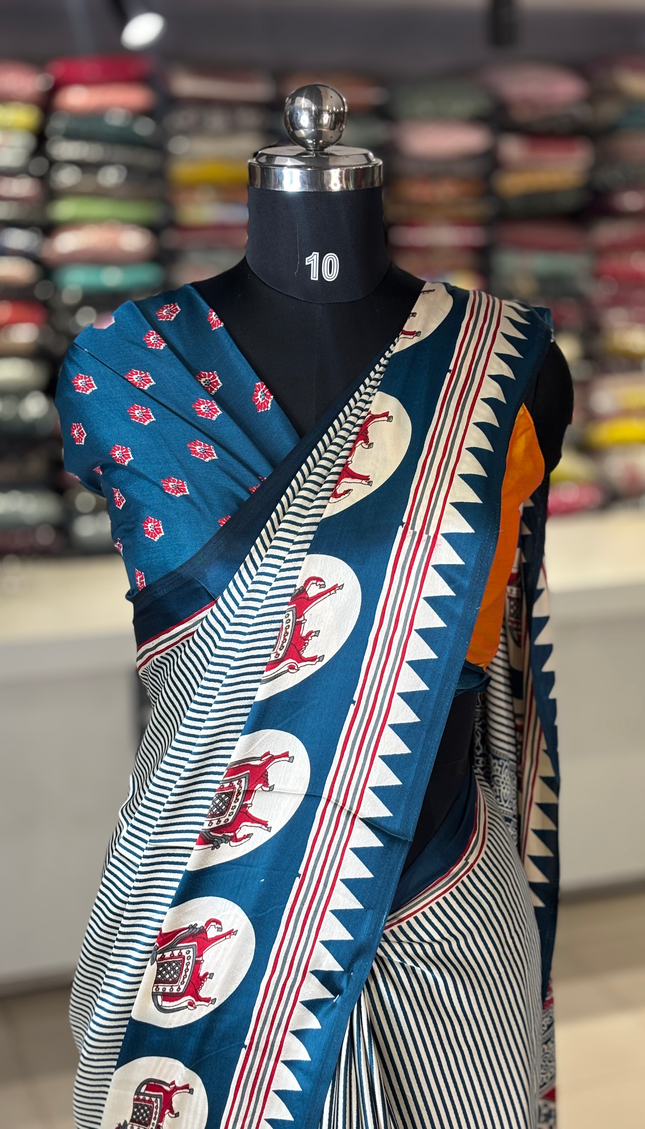 Blue And Cream Stripe Semi Dola Silk saree| S31_5
