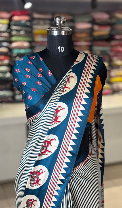Blue And Cream Stripe Semi Dola Silk saree| S31_5