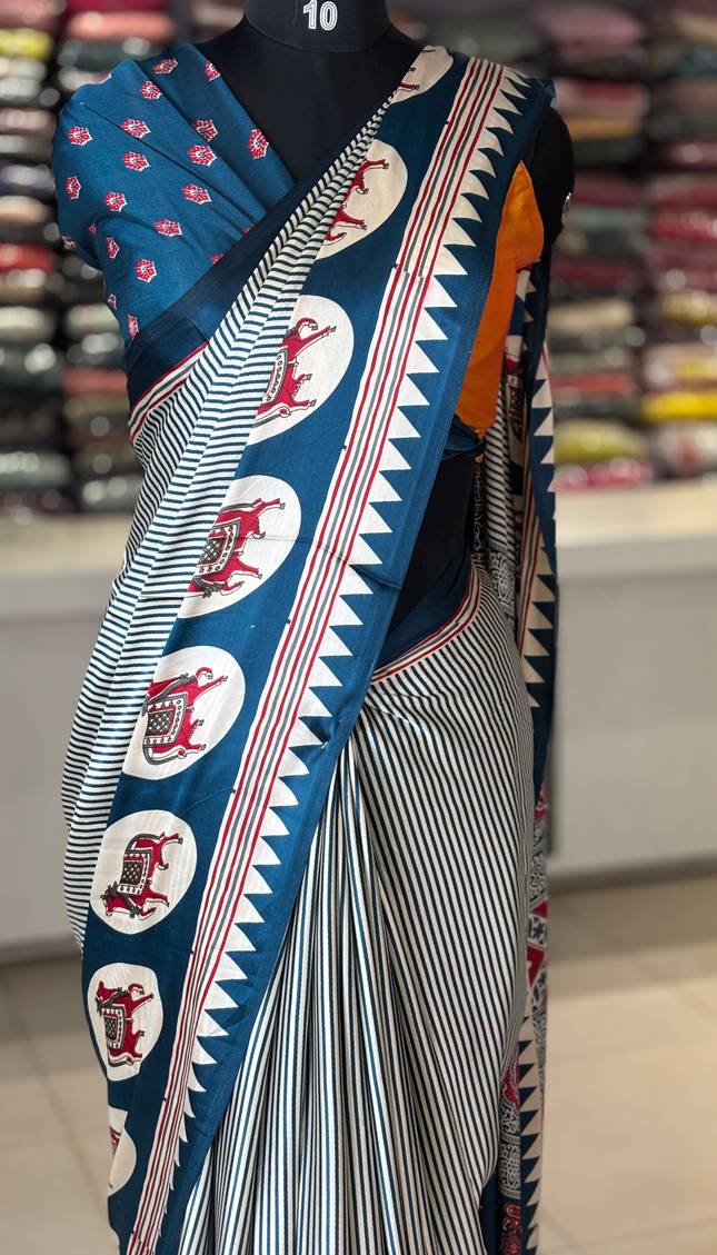 Blue And Cream Stripe Semi Dola Silk saree| S31_5