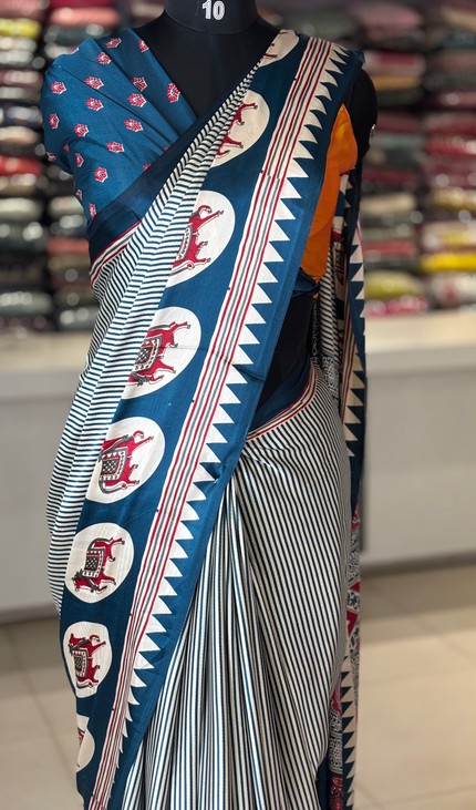 Blue And Cream Stripe Semi Dola Silk saree| S31_5