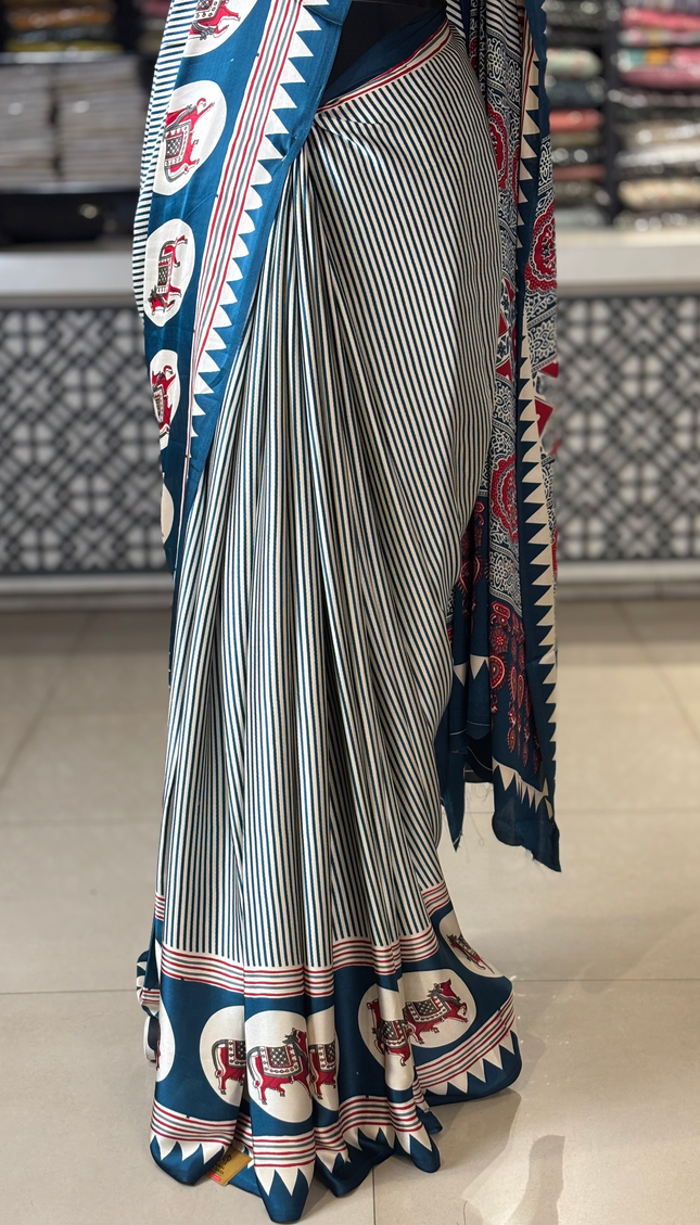 Blue And Cream Stripe Semi Dola Silk saree| S31_5
