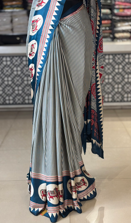 Blue And Cream Stripe Semi Dola Silk saree| S31_5
