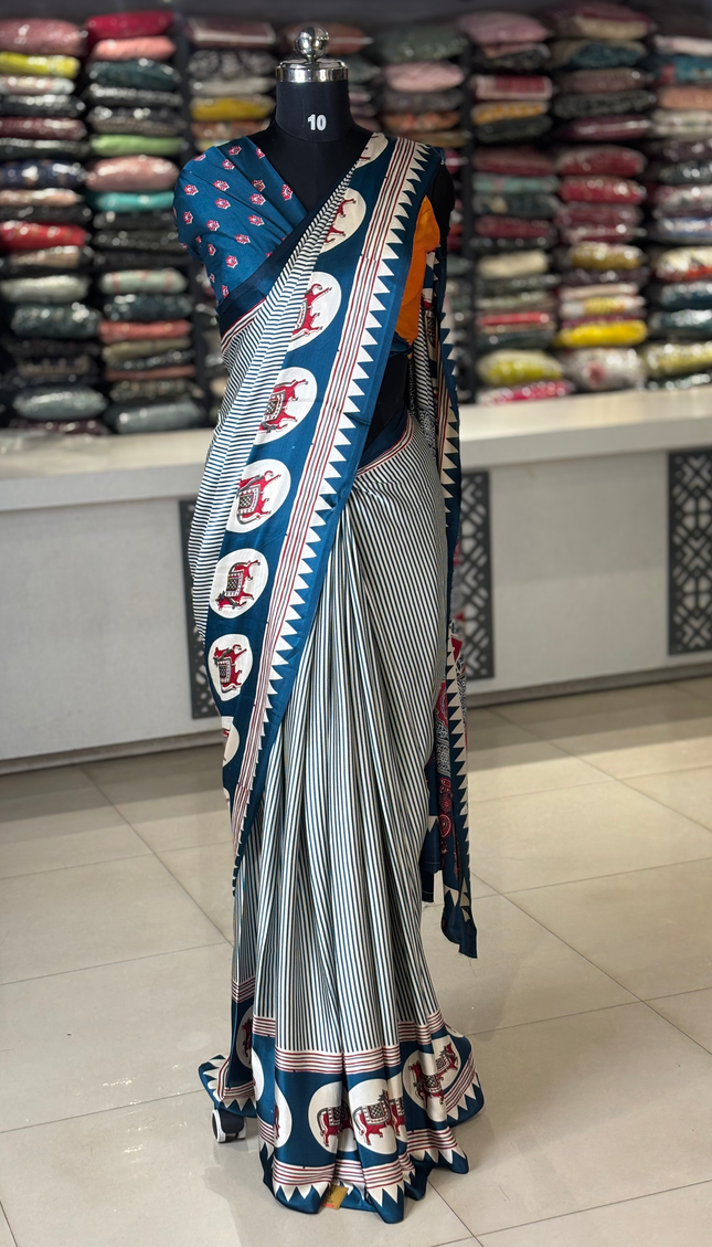 Blue And Cream Stripe Semi Dola Silk saree| S31_5