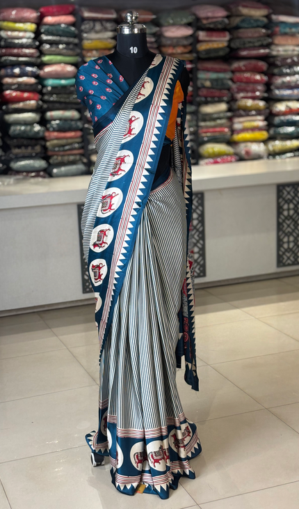 Blue And Cream Stripe Semi Dola Silk saree| S31_5