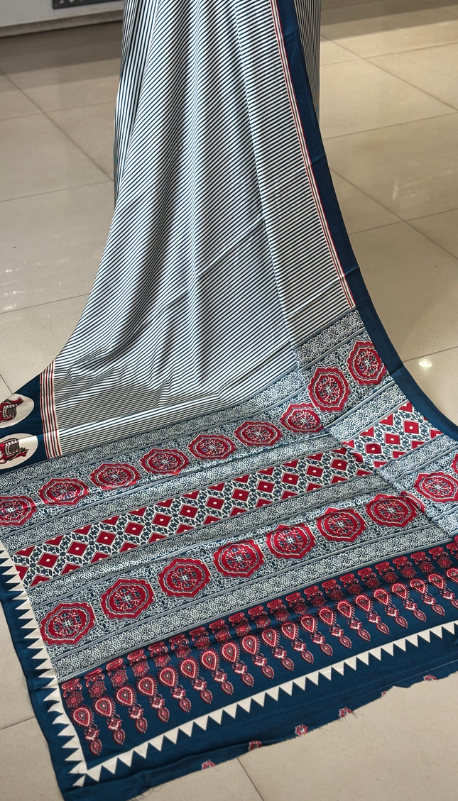 Blue And Cream Stripe Semi Dola Silk saree| S31_5