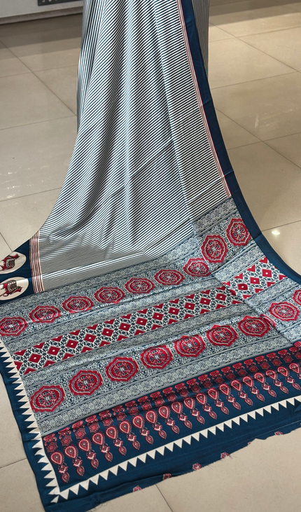 Blue And Cream Stripe Semi Dola Silk saree| S31_5