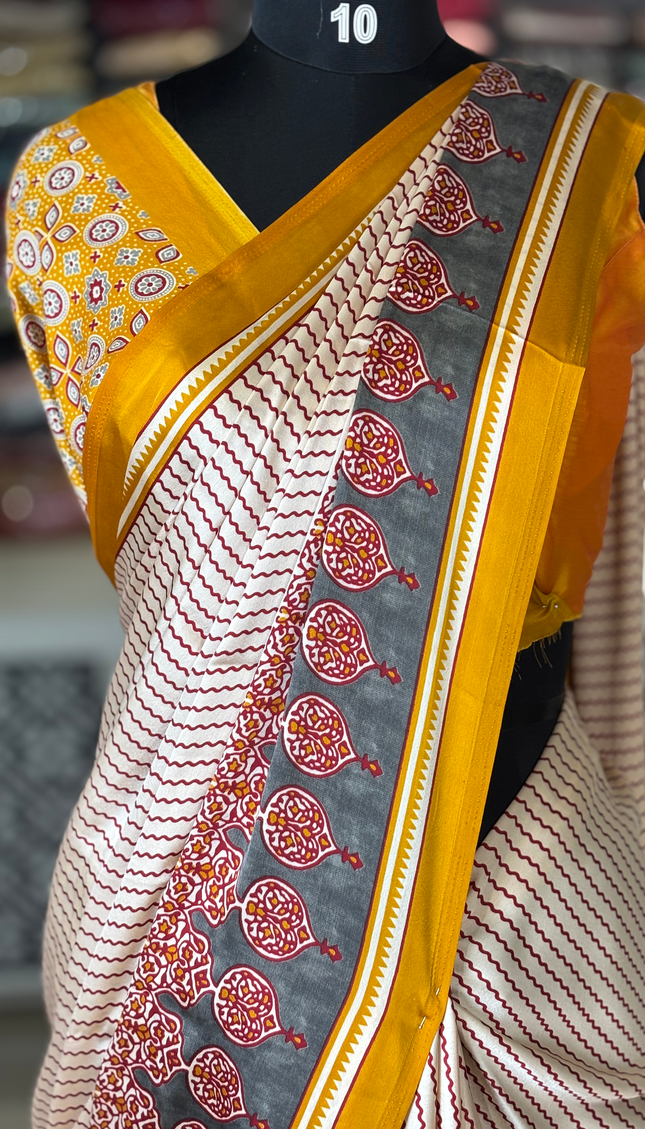 Cream and Yellow Stripe Semi Dola Silk saree|S31_6