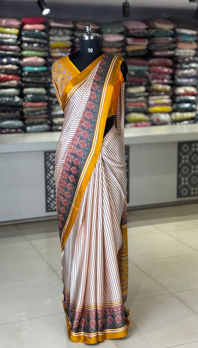 Cream and Yellow Stripe Semi Dola Silk saree|S31_6