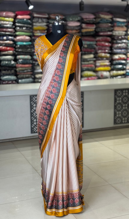 Cream and Yellow Stripe Semi Dola Silk saree|S31_6