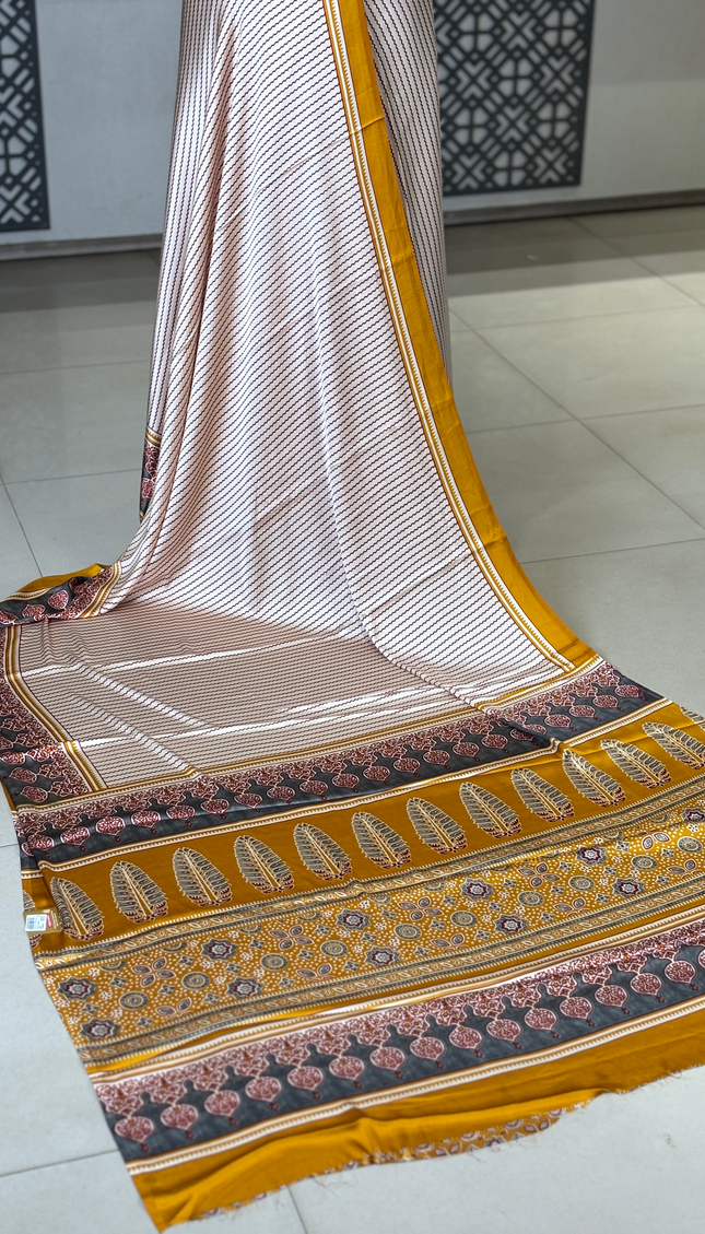 Cream and Yellow Stripe Semi Dola Silk saree|S31_6