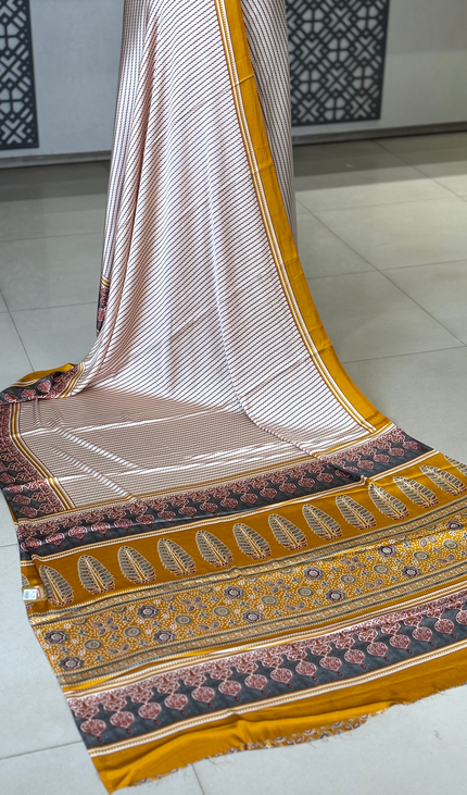 Cream and Yellow Stripe Semi Dola Silk saree|S31_6