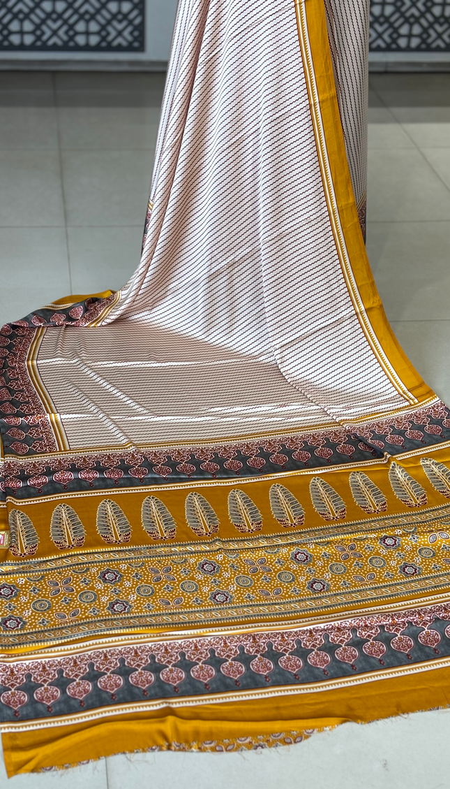 Cream and Yellow Stripe Semi Dola Silk saree|S31_6