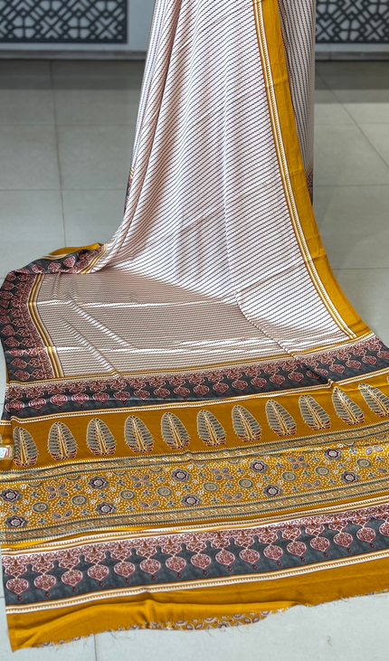 Cream and Yellow Stripe Semi Dola Silk saree|S31_6