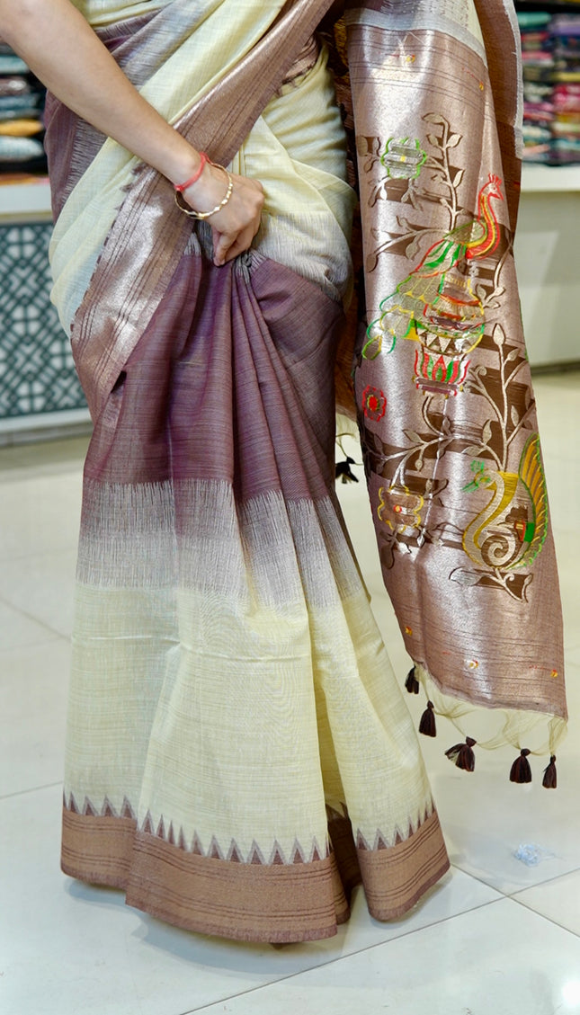 Cream & Wine Cotton Silk Paithani Saree| CS12_1