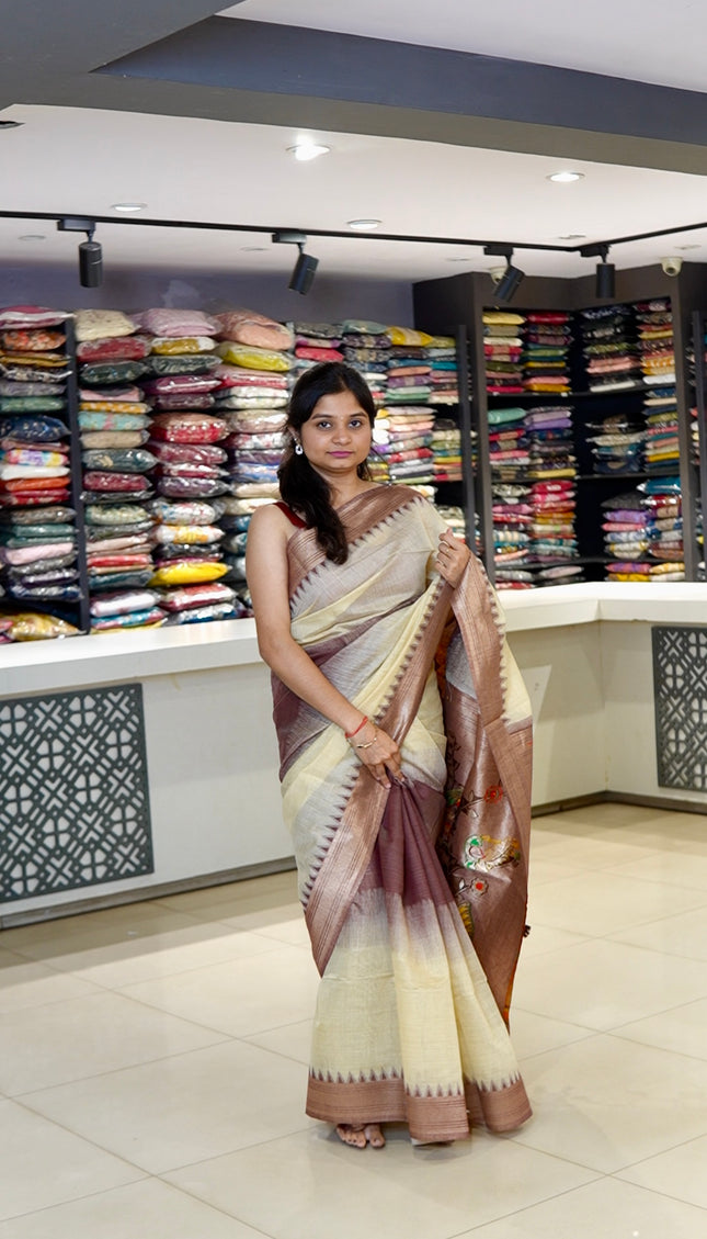 Cream & Wine Cotton Silk Paithani Saree| CS12_1