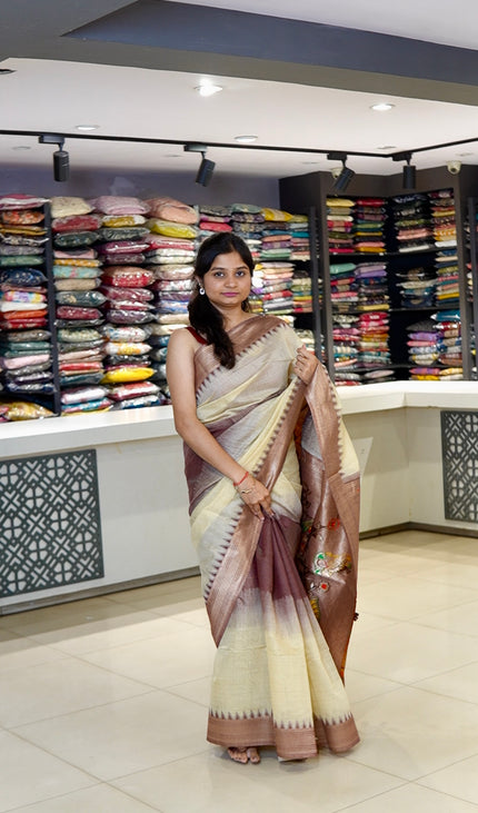 Cream & Wine Cotton Silk Paithani Saree| CS12_1