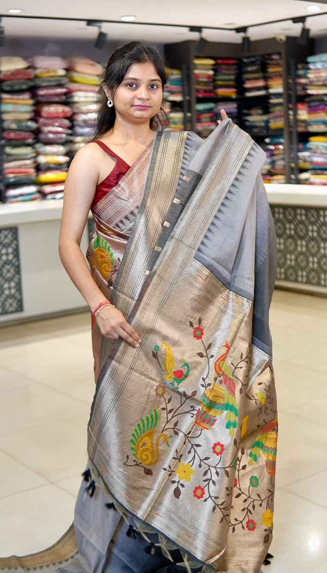 Elegant Silver Grey Cotton Silk Paithani Saree| CS12_4