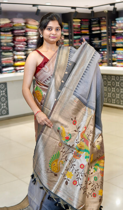 Elegant Silver Grey Cotton Silk Paithani Saree| CS12_4
