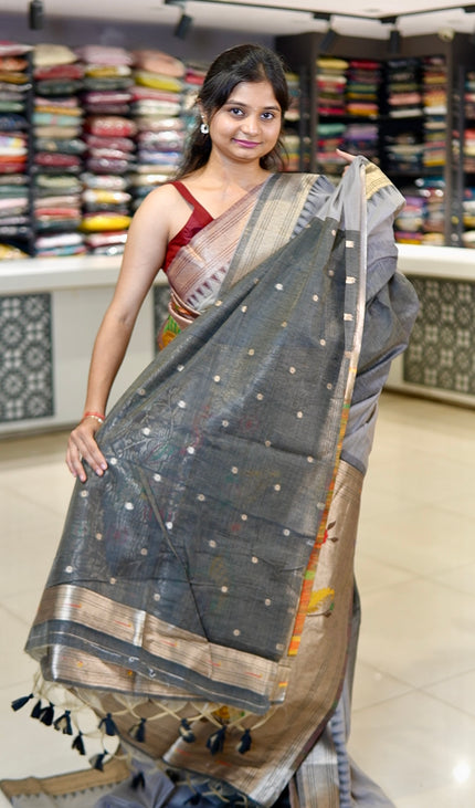 Elegant Silver Grey Cotton Silk Paithani Saree| CS12_4