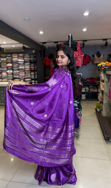 Royal Purple Viscose Chinon Saree with peacock design Satin Border|DS7