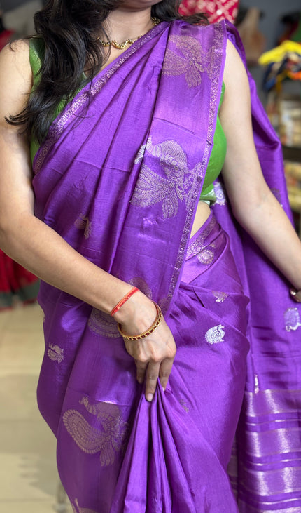 Royal Purple Viscose Chinon Saree with peacock design Satin Border|DS7