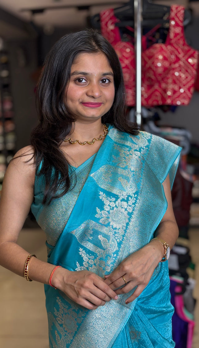 Blue cage design Crepe Silk Saree With Silver Zari Border |DS3