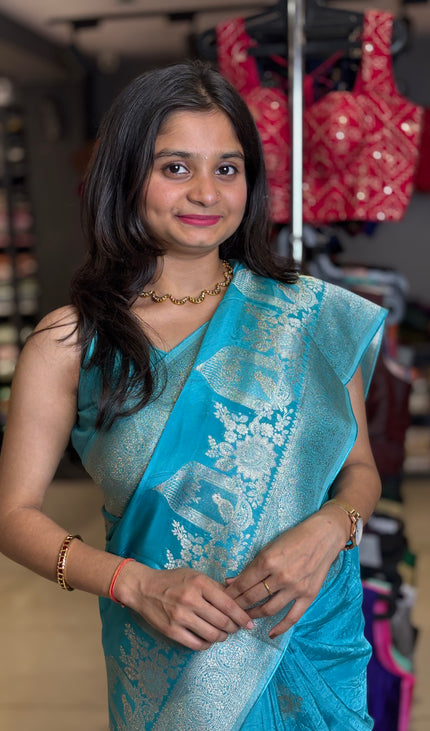 Blue cage design Crepe Silk Saree With Silver Zari Border |DS3