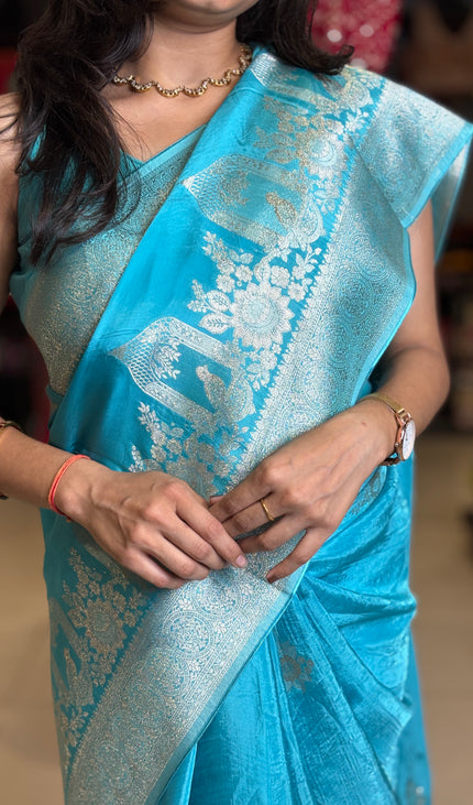 Blue cage design Crepe Silk Saree With Silver Zari Border |DS3