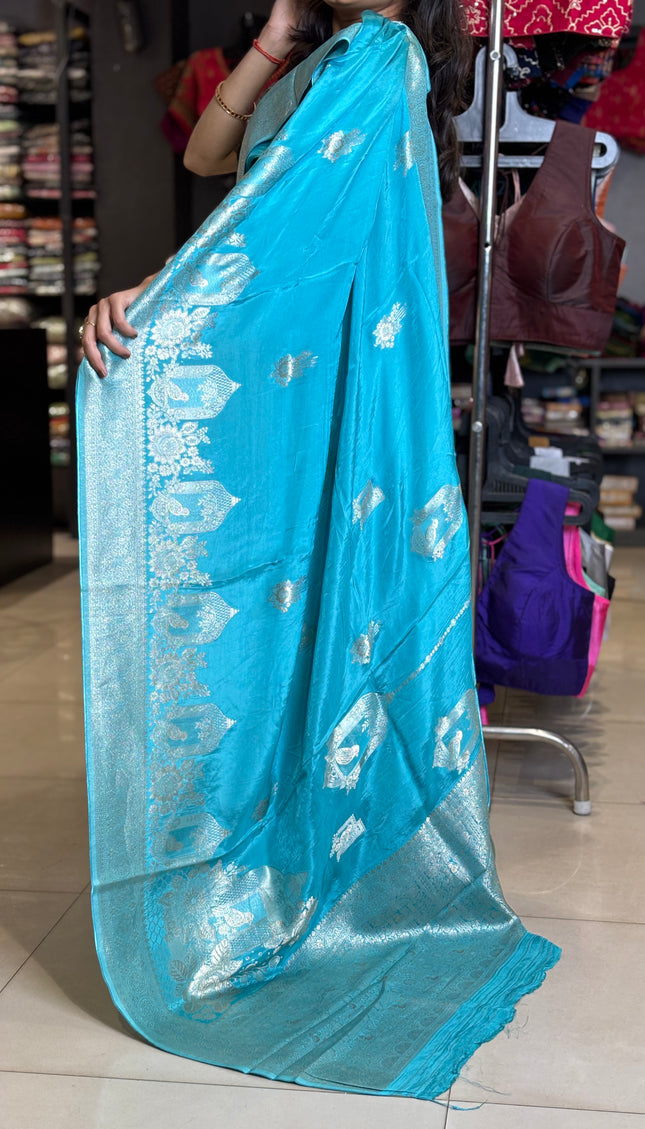 Blue cage design Crepe Silk Saree With Silver Zari Border |DS3