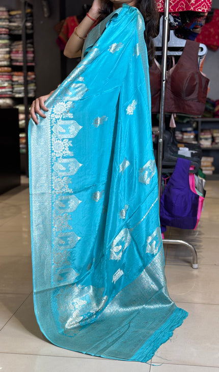 Blue cage design Crepe Silk Saree With Silver Zari Border |DS3