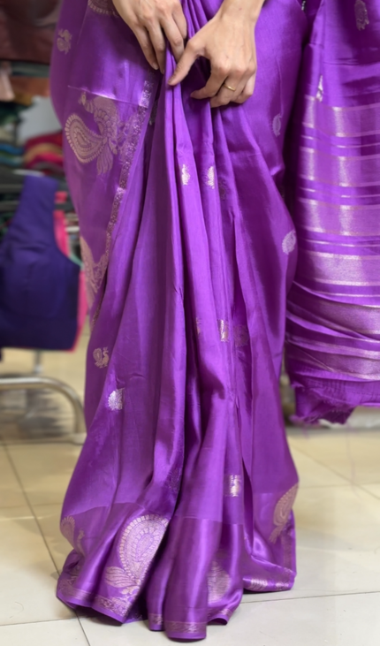 Royal Purple Viscose Chinon Saree with peacock design Satin Border|DS7
