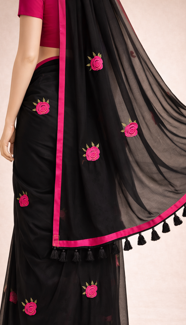 Black Pure Mul Cotton Saree | Pink Floral Buti Embroidery |CS8_7