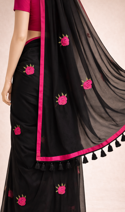 Black Pure Mul Cotton Saree | Pink Floral Buti Embroidery |CS8_7